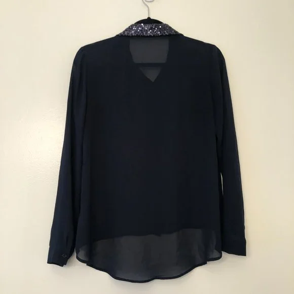 Forever 21 Dark Navy Sheer Sequin-Collar Button-Up Blouse | Size Small - Picture 6 of 11
